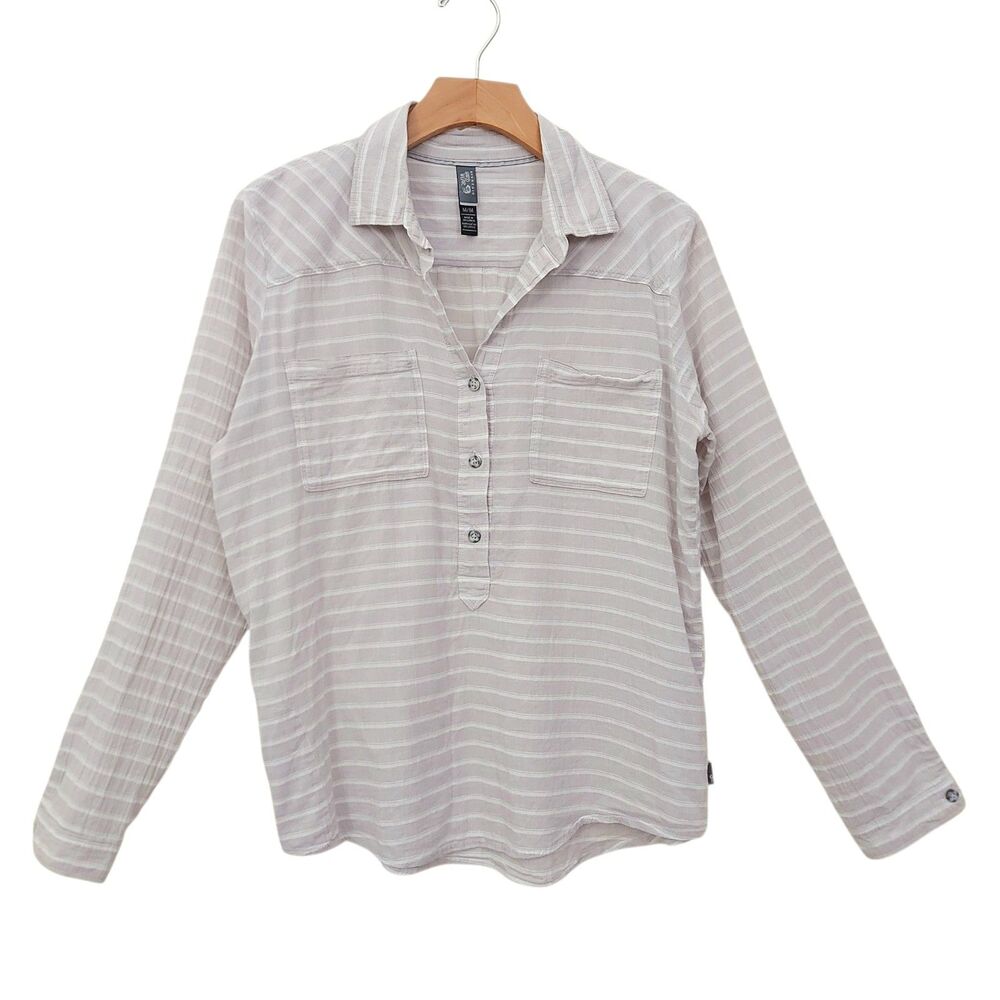 Mountain Hardwear Top Womens Medium Beige 1/2 Button Striped Long Sleeve Travel